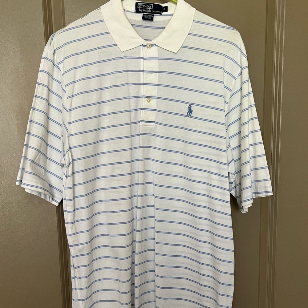 Polo Ralph Lauren Mens White and Blue Striped Golf Polo Size Small